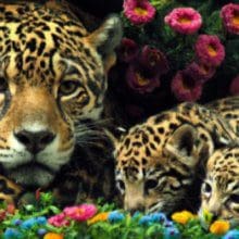 Jaguars Mom and Baby Cubs in Flower Patch